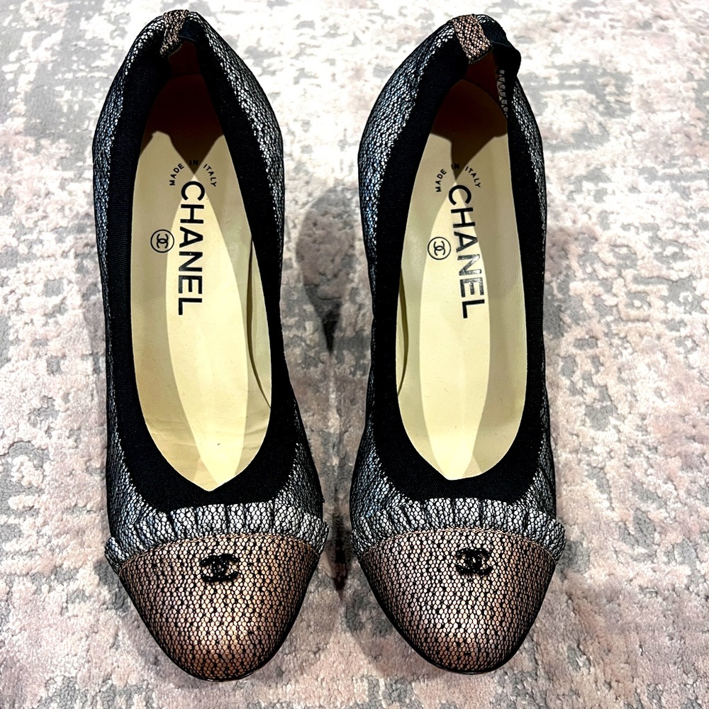 Chanel Ballet Cap Toe Lace CC Shoes Black, Silver metallic 39.5